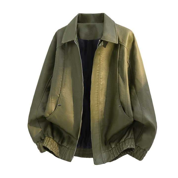 Men's Oversize Faux Leather Bomber Jacket with Zipper, Elastic Hem, and Side Pockets Mune Fashion