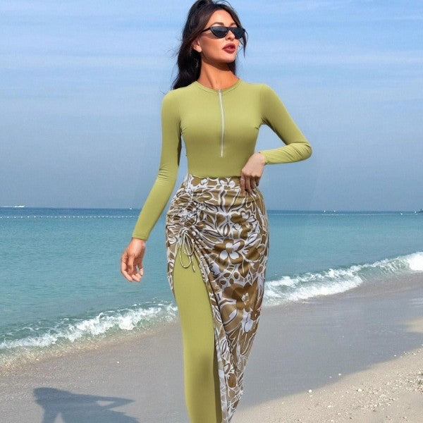 Women's Long Sleeve Swimwear with Fashionable Wrap Skirt Mune Fashion