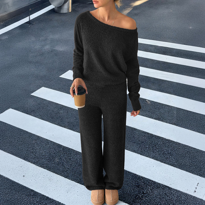 Women's cozy bouclé lounge set with one-shoulder crop pullover and high-waist palazzo pants Mune Fashion