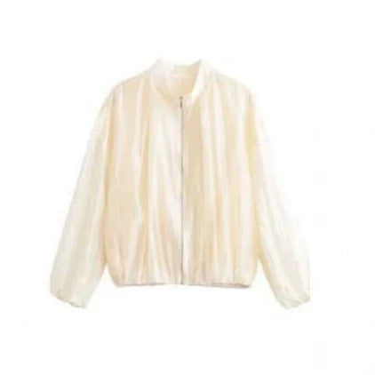 Women's Lightweight Transparent Satin Bomber Jacket with Stand Collar Mune Fashion