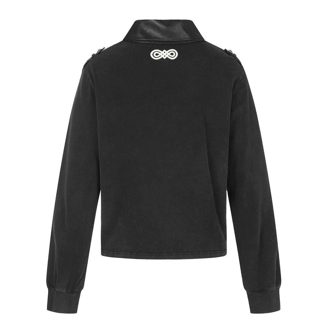 Women's polo sweatshirt in military style with decorative cord prints and leather collar Mune Fashion
