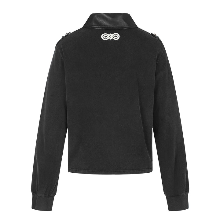 Women's polo sweatshirt in military style with decorative cord prints and leather collar Mune Fashion