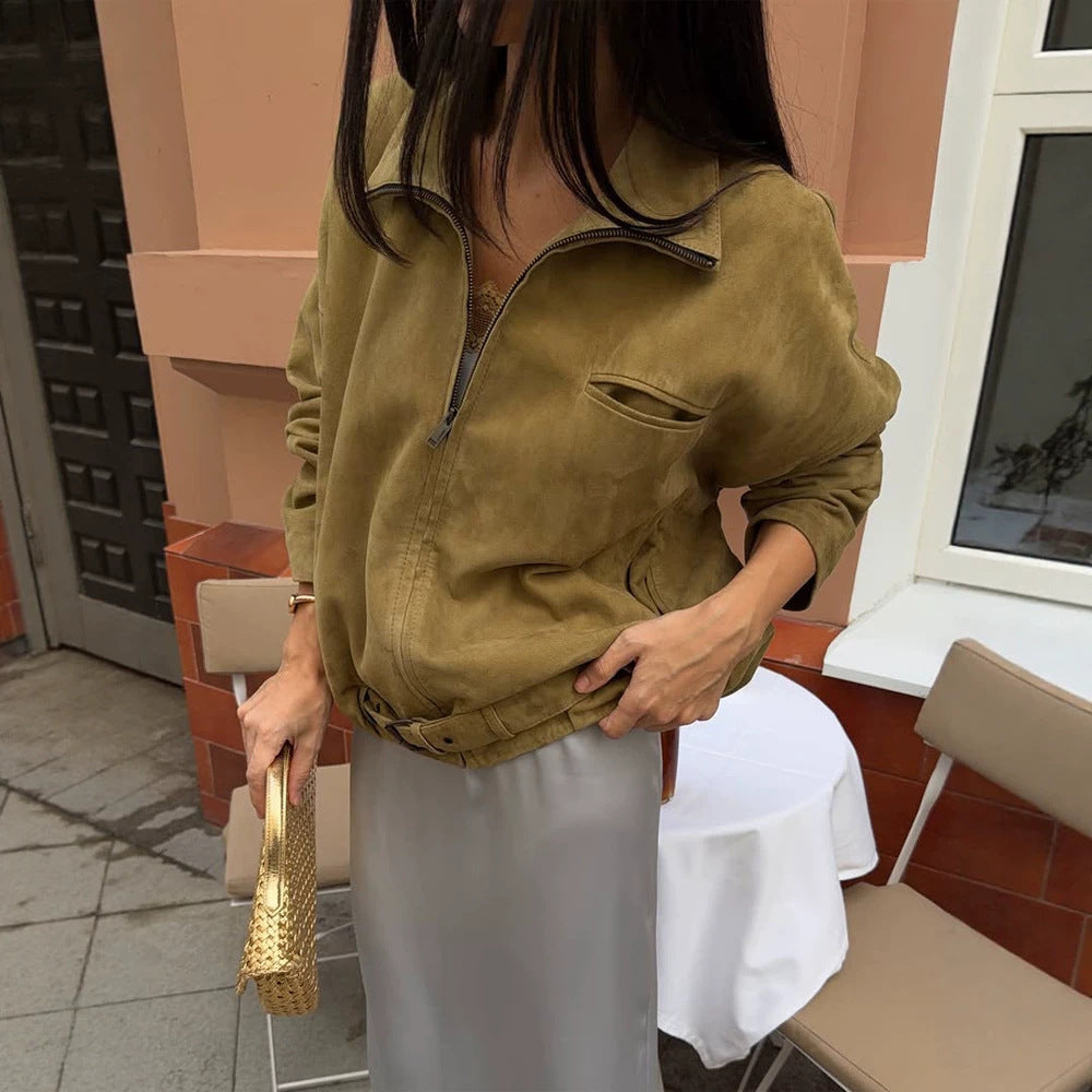 Women's Oversized Suede Bomber Jacket with Tailoring Belt and Asymmetrical Zipper Mune Fashion