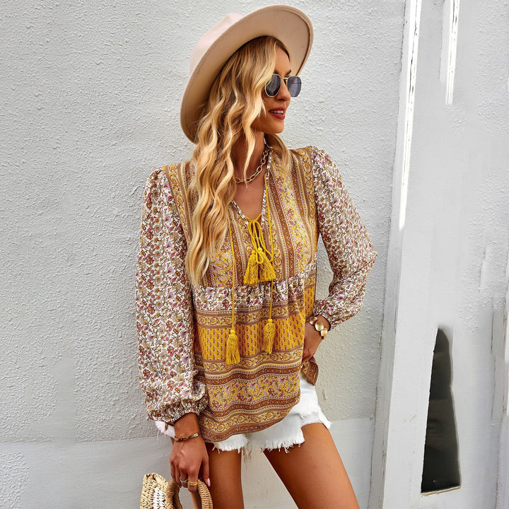 Women’s relaxed Boho tunic blouse with V-neck, tassel tie and gathered balloon sleeves Mune Fashion