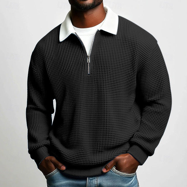 Men's structured waffle knit pullover with polo collar and short zipper Mune Fashion