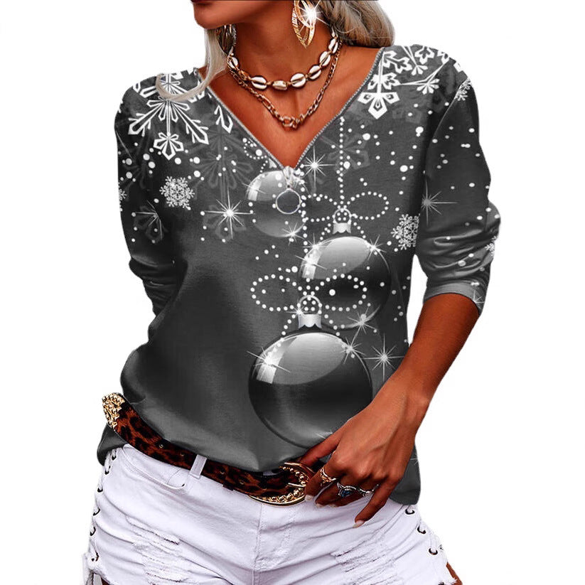 Women's Casual V-Neck Long Sleeve with Festive Ball and Snowflake Print Mune Fashion