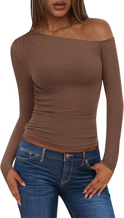 Women's Off-Shoulder, Fitted Ribbed Long Sleeve Top with Asymmetric One-Shoulder Cut Mune Fashion