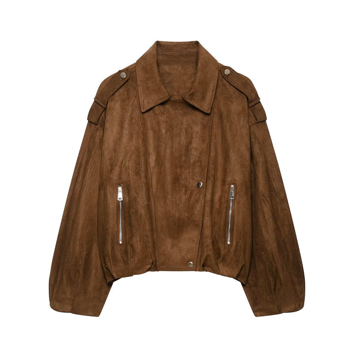 Women's Short Cut Suede Biker Jacket with Shoulder Flaps Mune Fashion