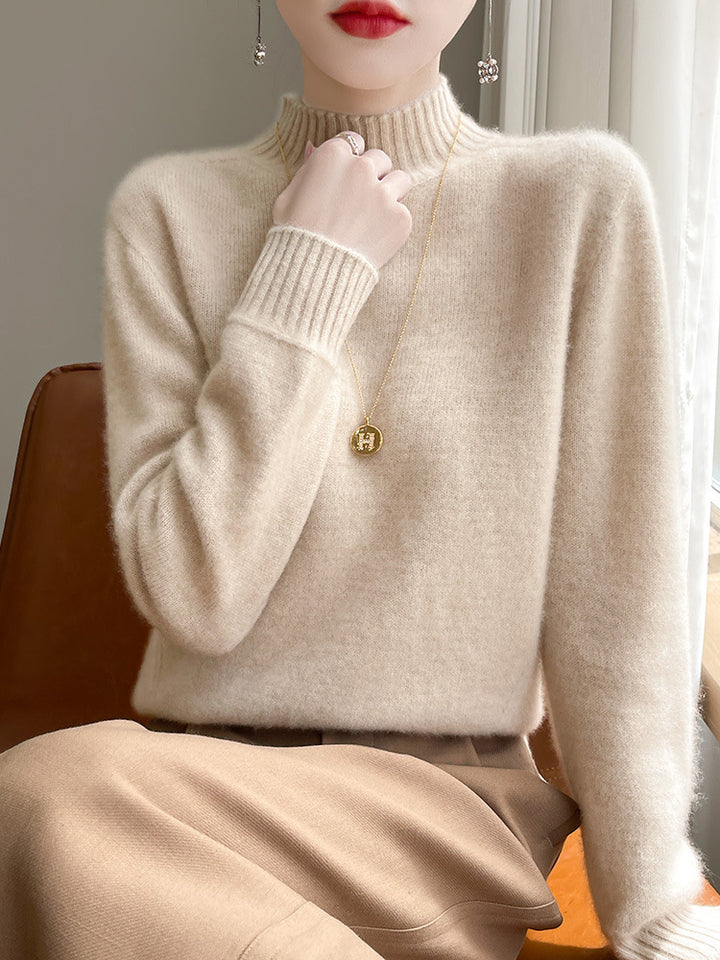 Women's Luxury Soft Midweight Mock Neck Sweater in Angora Look with Fine Rib and Relaxed Silhouette Mune Fashion