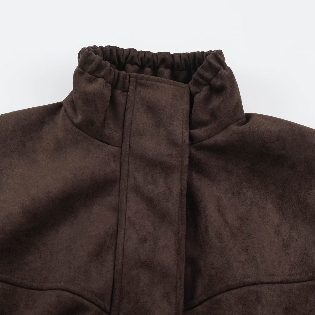 Women's Short Velvet-Look Jacket with Drawstring Waist, High Stand-Up Collar and Adjustable Cuffs Mune Fashion
