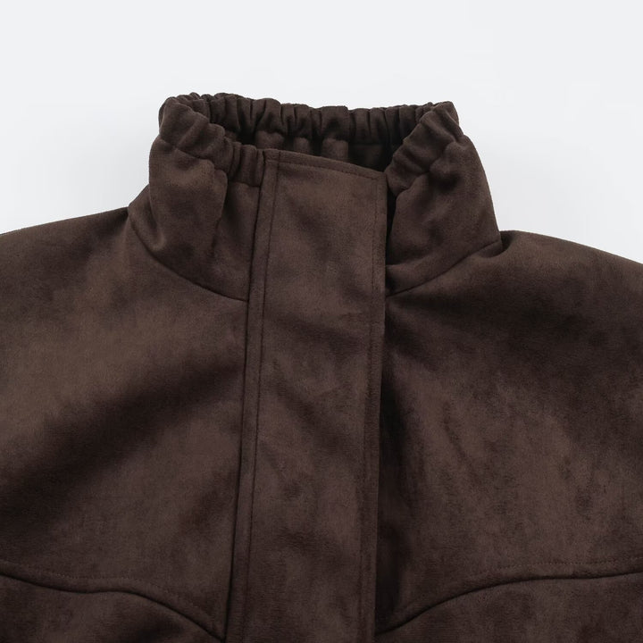 Women's Short Velvet-Look Jacket with Drawstring Waist, High Stand-Up Collar and Adjustable Cuffs Mune Fashion