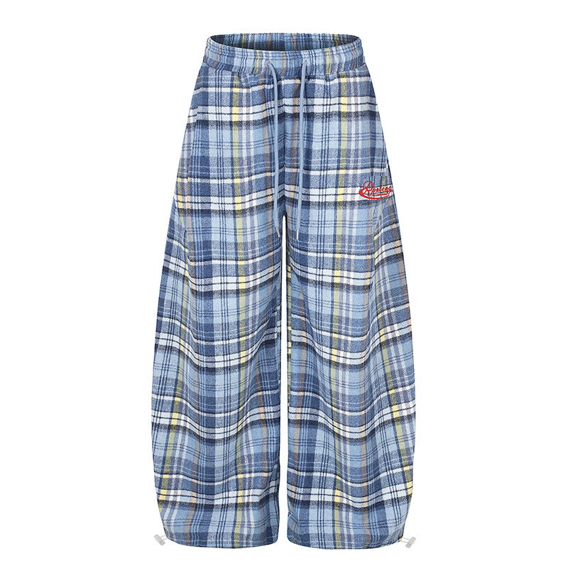 Women's Wide Check Palazzo Lounge Pants with High Comfort Waistband and Hem Drawstring