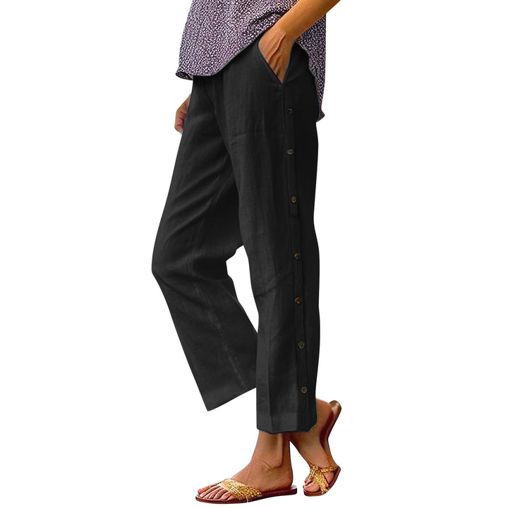 Women's Cropped Wide-Leg Button-Trim Linen-Blend Casual Pants Mune Fashion