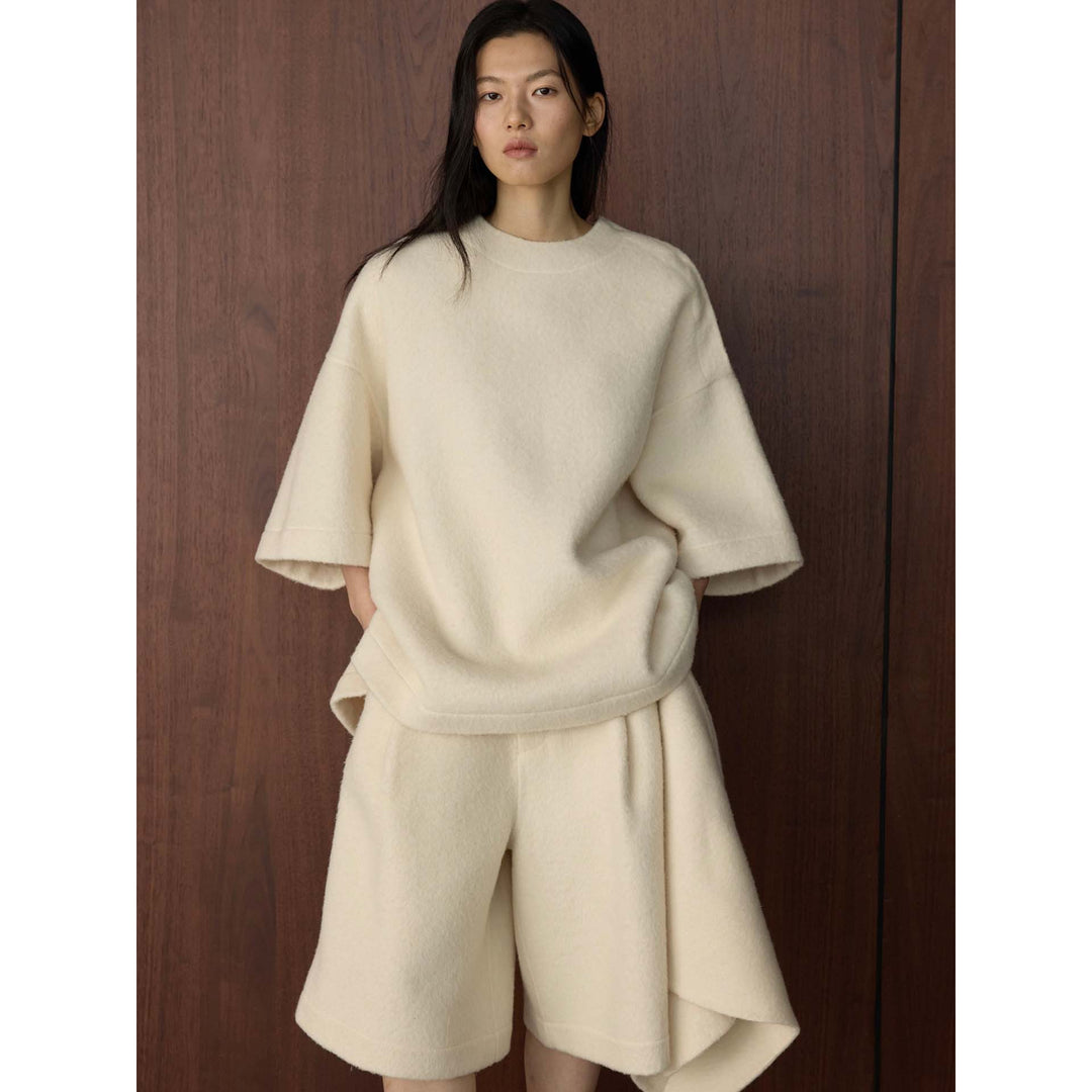 Women's Voluminous Hooded Coat made of Boucle Wool Mix with Draped Front Mune Fashion