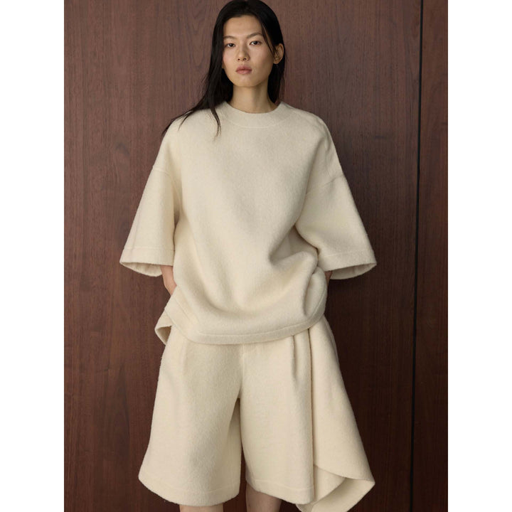 Women's Voluminous Hooded Coat made of Boucle Wool Mix with Draped Front Mune Fashion