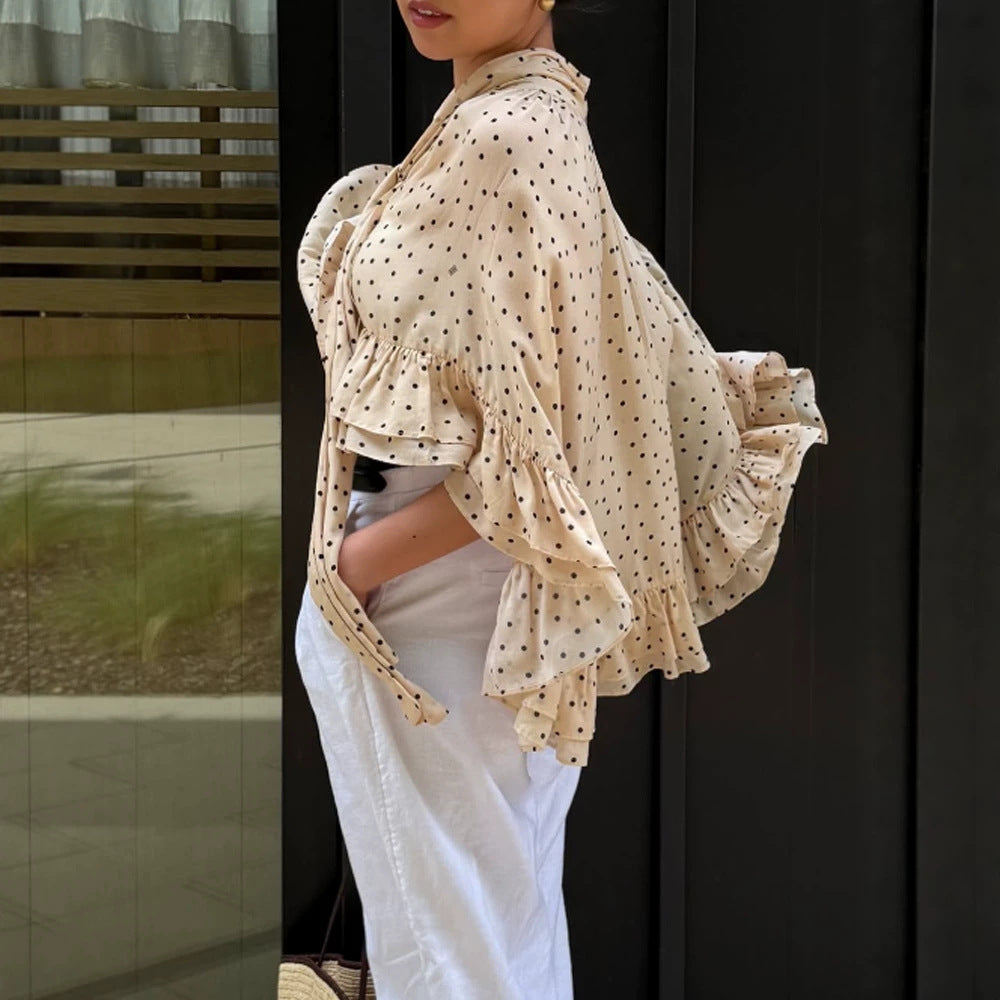 Women’s transparent polka dot chiffon cropped blouse with tie band, ruffles and cape cut Mune Fashion