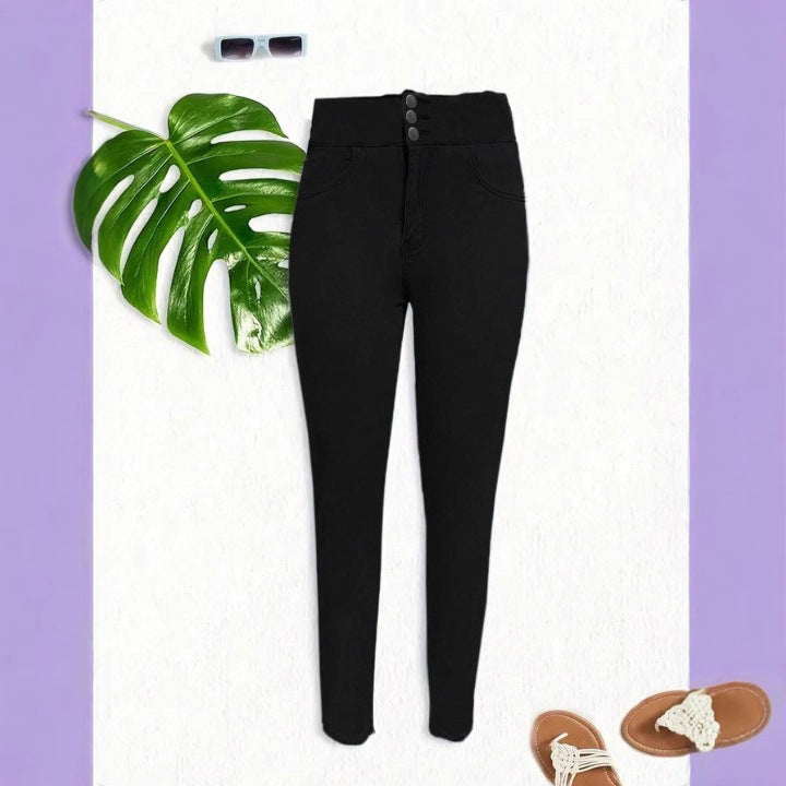 Women high-waisted shaping skinny jeans leggings with double button waistband Mune Fashion