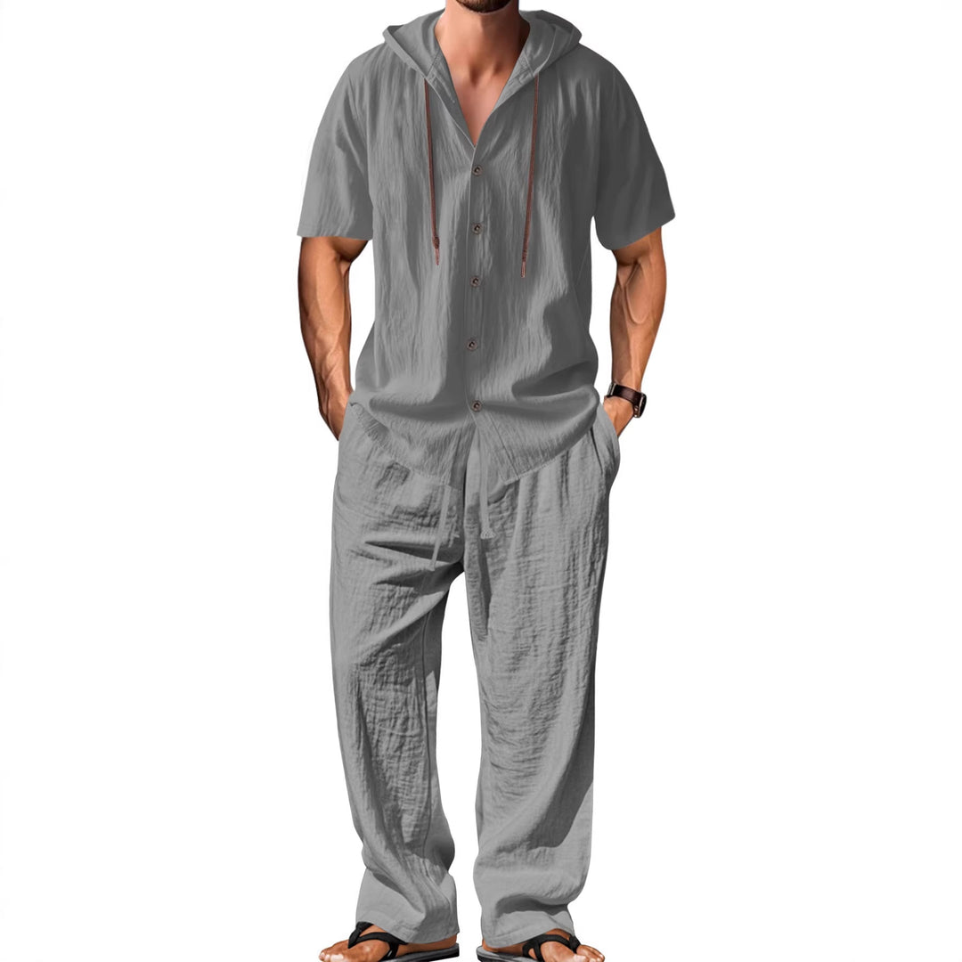 Men's airy linen lounge set with short-sleeved hoodie and straight relaxed pants Mune Fashion
