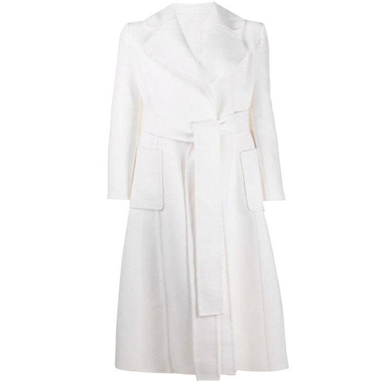 Women’s Floor-Length Wrap Coat made of Wool-Cashmere Blend with Wide Shawl Collar and Large Patch Pockets Mune Fashion