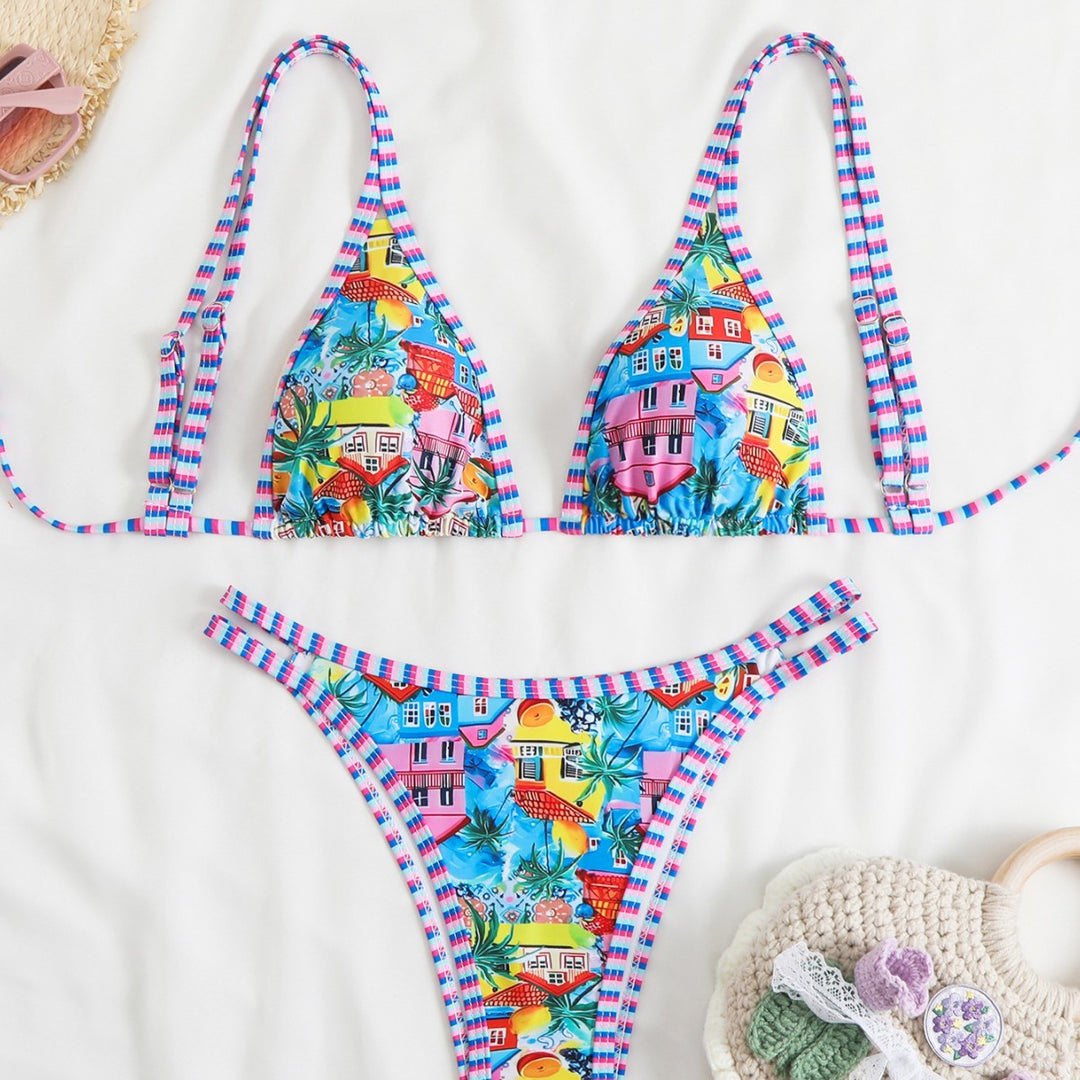 Women's Triangle Bikini Set with Adjustable Straps and Floral Pattern Mune Fashion