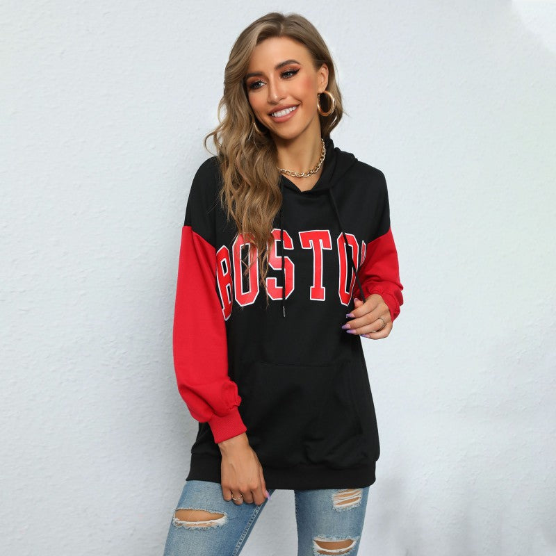 Women's Oversize Hoodie with Blocking Sleeves and Boston Front Print Mune Fashion