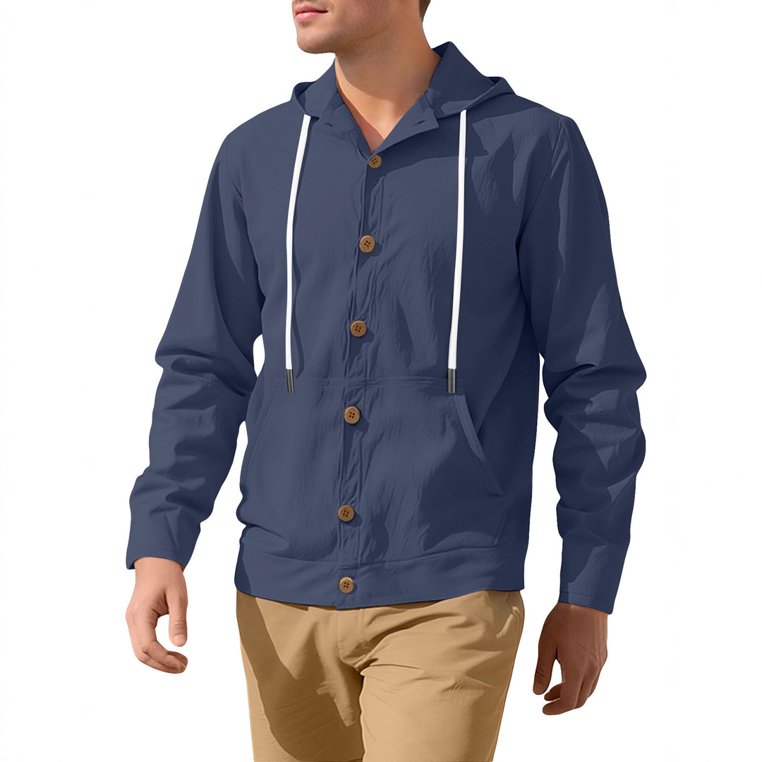 Men's lightweight hoodie jacket with button placket, kangaroo pocket, and drawstring Mune Fashion