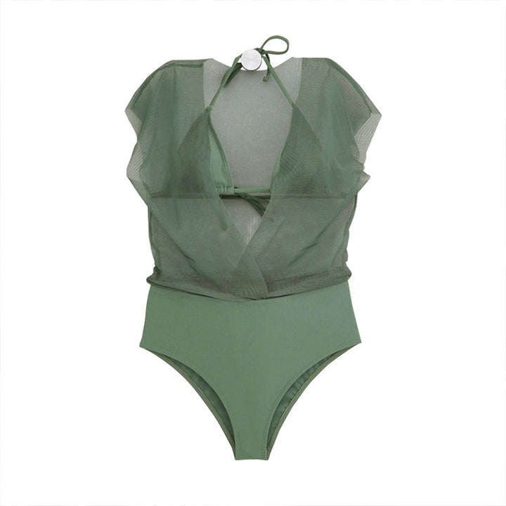 Women's One-Piece Swimsuit with Transparent Wrap Detail and Feminine Puff Sleeves Mune Fashion