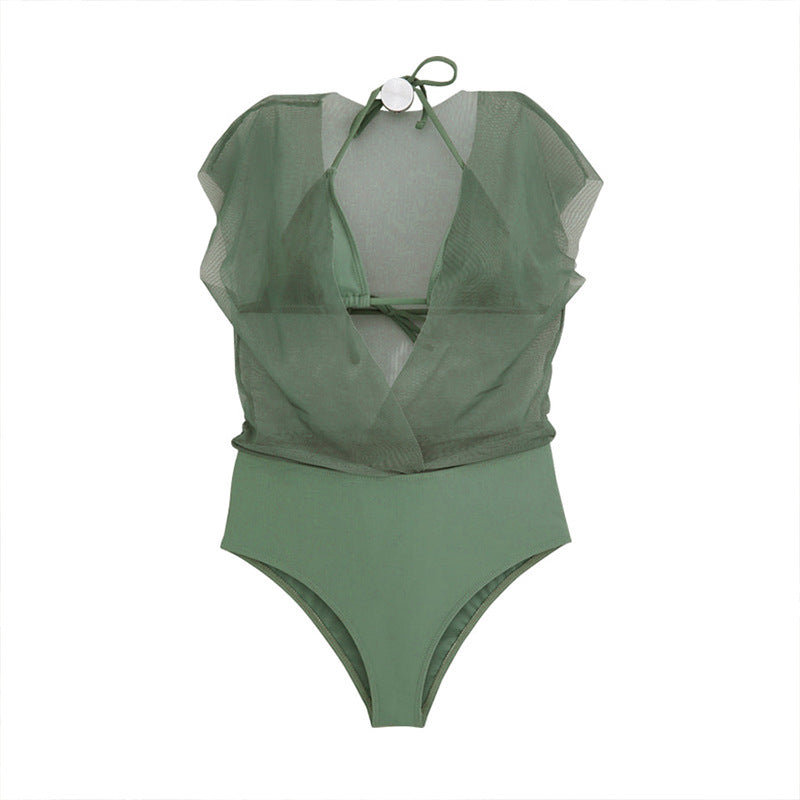Women's One-Piece Swimsuit with Transparent Wrap Detail and Feminine Puff Sleeves Mune Fashion