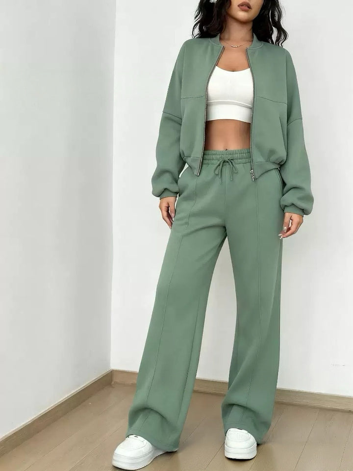 Women’s cropped bomber jacket with zipper and loose high-waist joggers set Mune Fashion