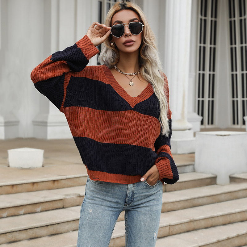 Women's Oversize Chunky Knit Sweater with Off-Shoulder Fall, Wide Block Stripes and Ribbed Hem Mune Fashion