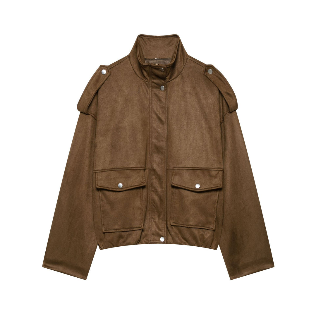 Women Short Suede Look Field Jacket with Stand-up Collar, Flap Pockets and Epaulettes Mune Fashion