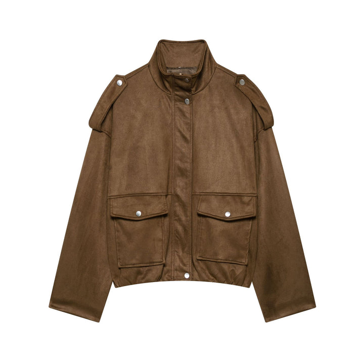 Women Short Suede Look Field Jacket with Stand-up Collar, Flap Pockets and Epaulettes Mune Fashion