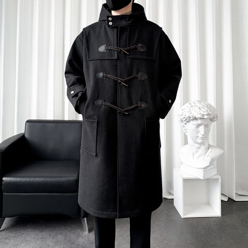 Men's Long Wool Blend Duffle Coat with Hood, Toggle Closures and Patch Pockets Mune Fashion