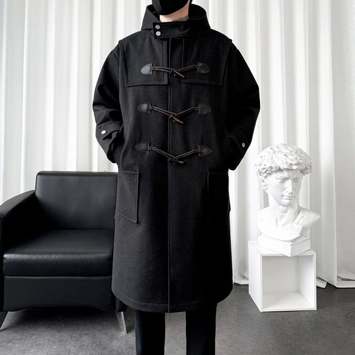 Men's Long Wool Blend Duffle Coat with Hood, Toggle Closures and Patch Pockets Mune Fashion