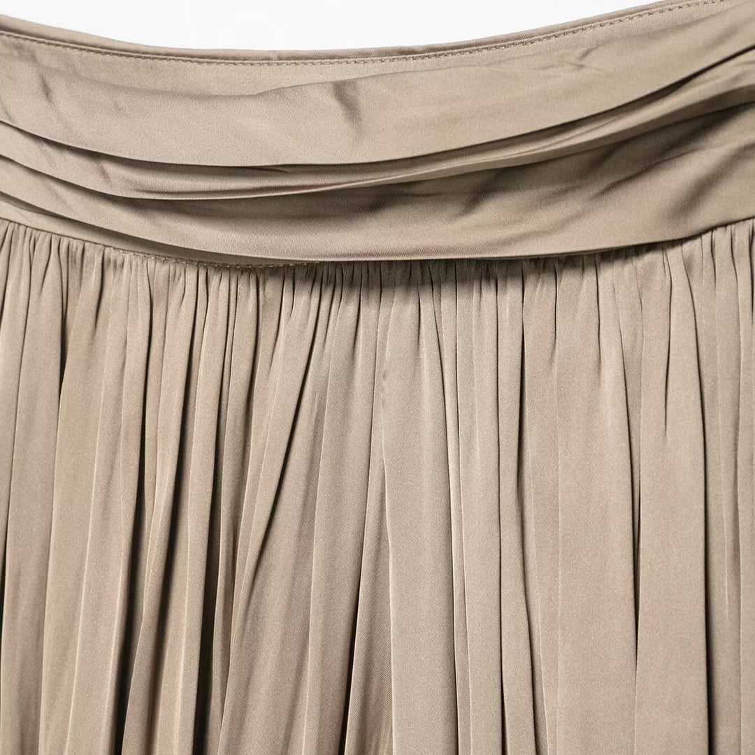 Women Pleated Satin Harem Skirt with Voluminous Silhouette and Gathered Cuffs Mune Fashion