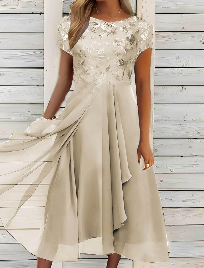 Women's elegant chiffon midi dress with floral lace appliqué and flowing A-line skirt Mune Fashion