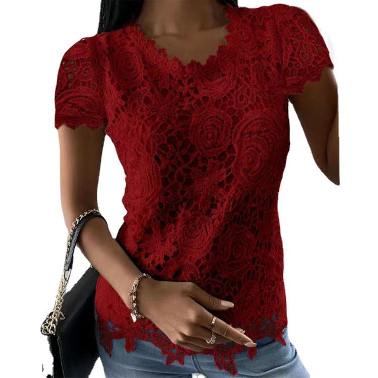 Women's lace top with V-neck, tailored silhouette and romantic wave hem Mune Fashion