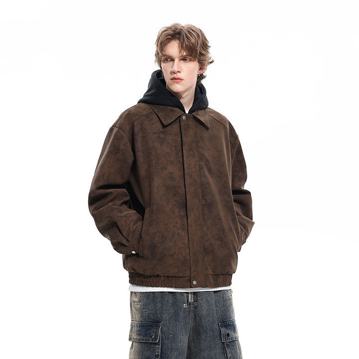 Men's Oversized Suede Look Bomber Jacket with Hood and Double Zipper Mune Fashion