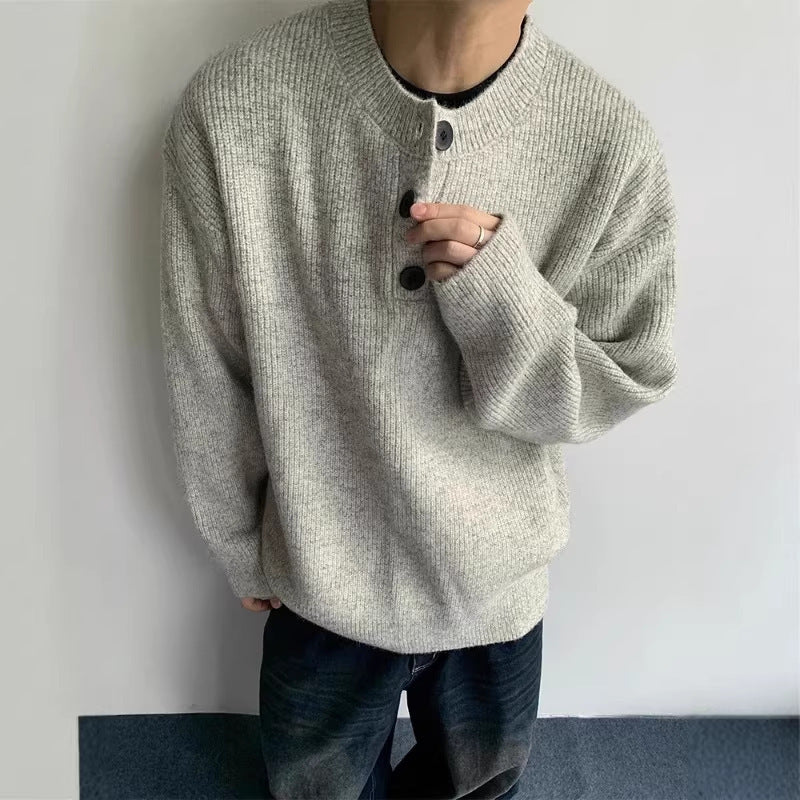 Men's Oversized Knit Sweater with Three-Button Henley Yoke Mune Fashion