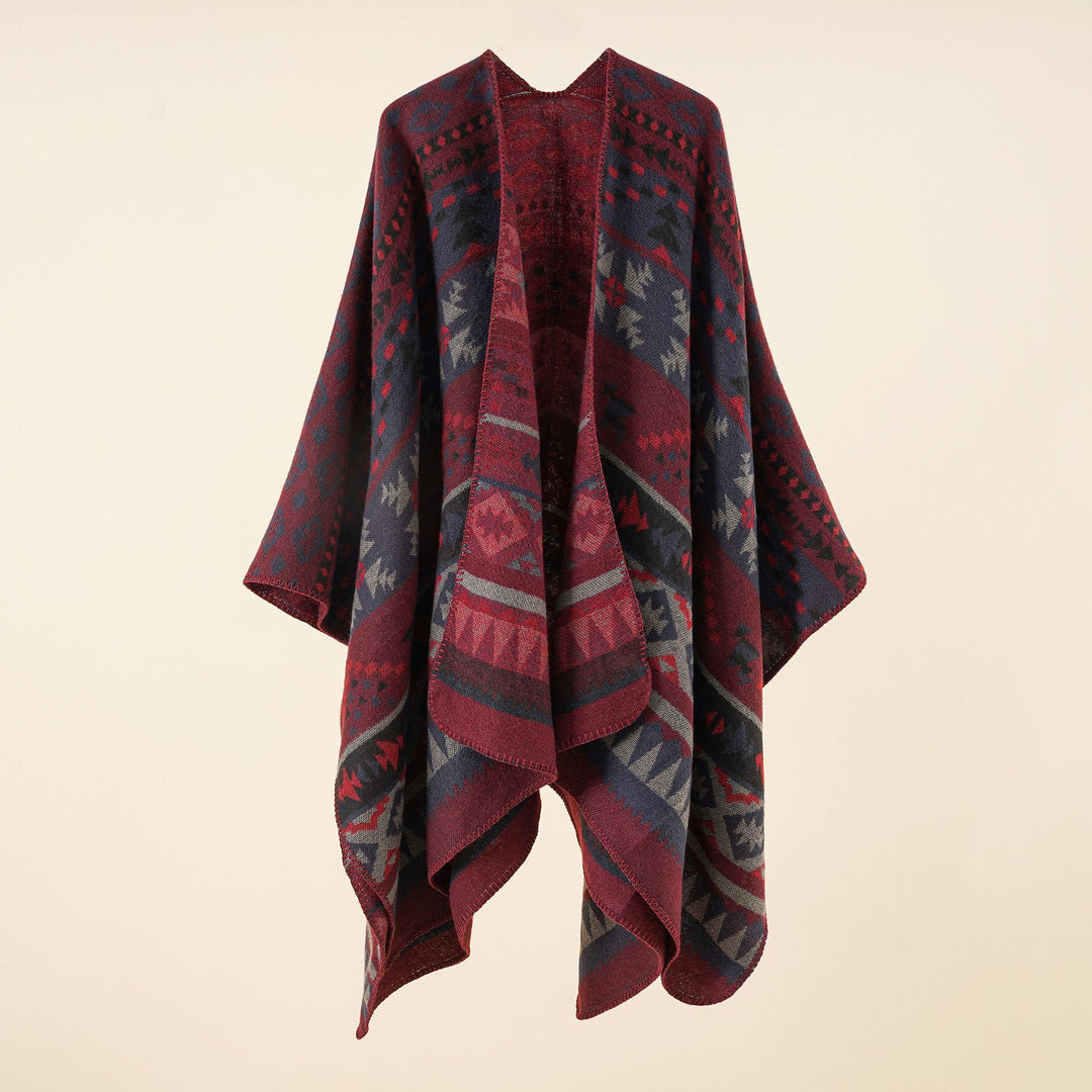 Women Oversize Knit Poncho with Ethno-Geometric Pattern Mune Fashion