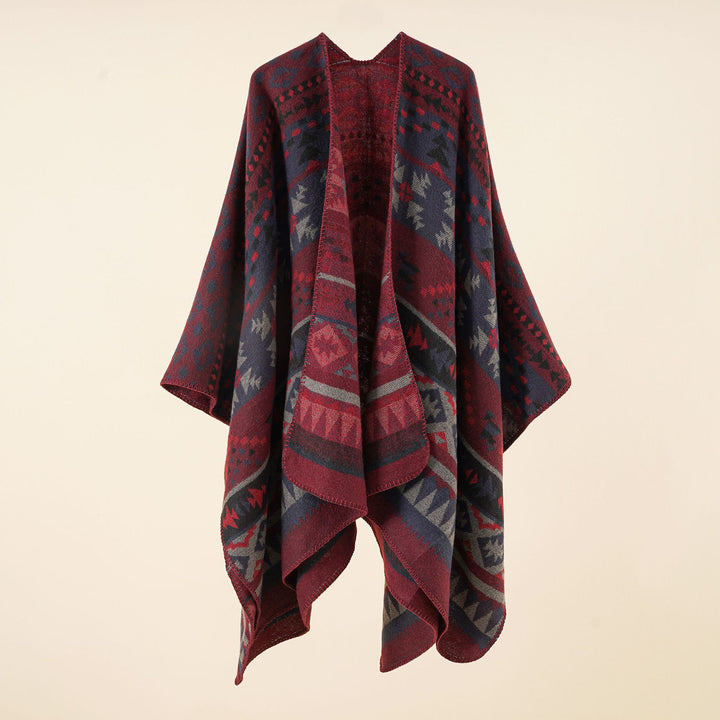 Women Oversize Knit Poncho with Ethno-Geometric Pattern Mune Fashion