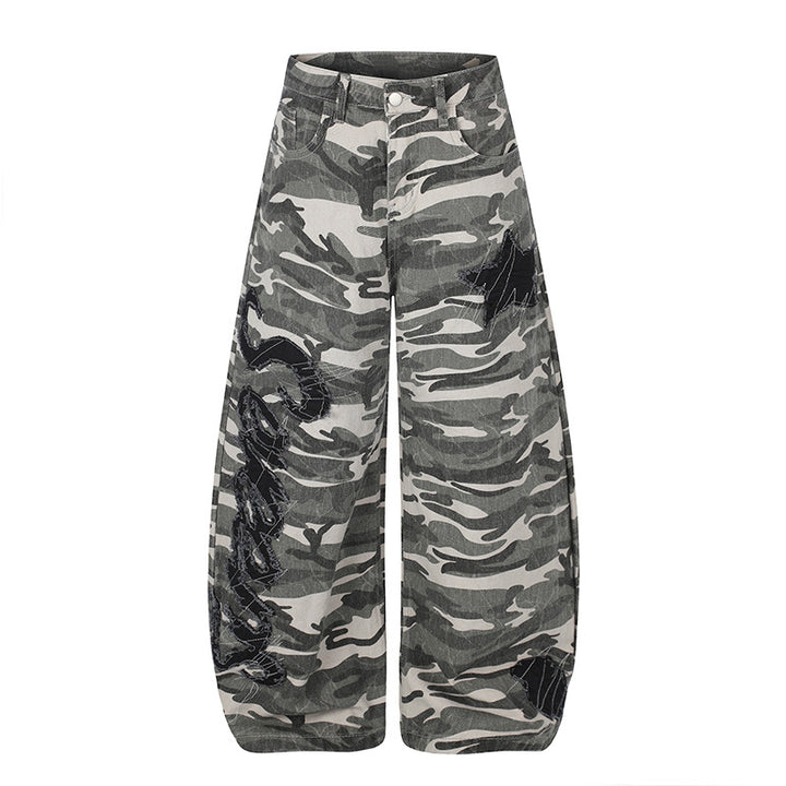 Women's Wide Camouflage Palazzo Pants with Balloon Hem and Decorative Stitch Details Mune Fashion