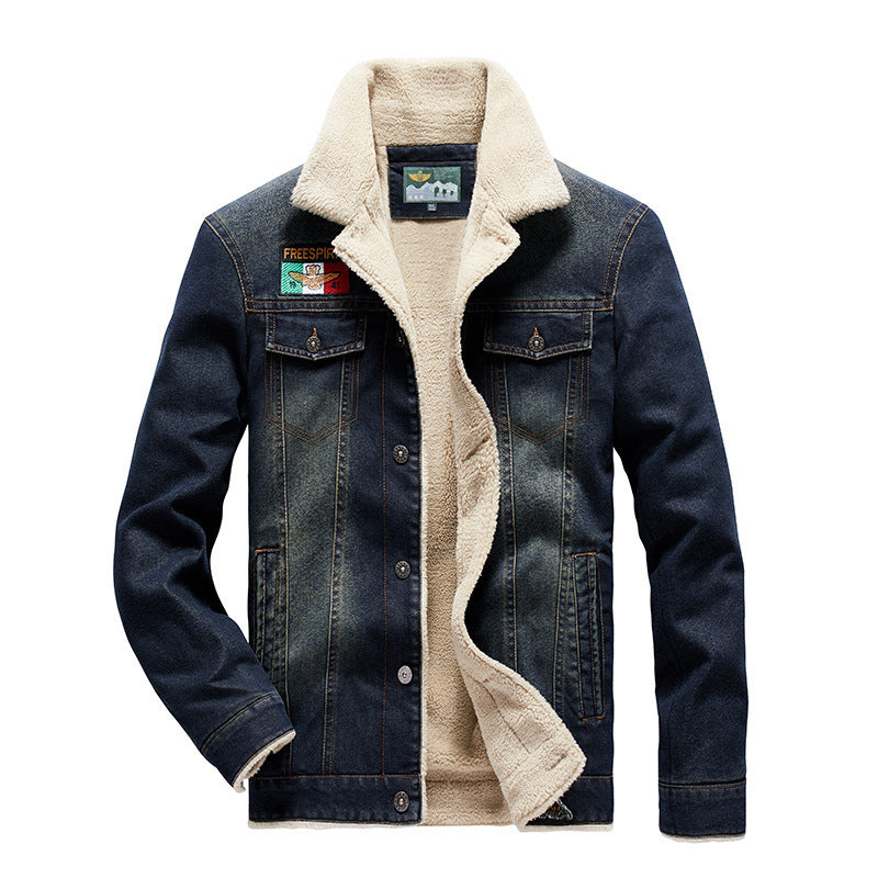 Men's denim trucker jacket with warming Sherpa lining and vintage used details Mune Fashion