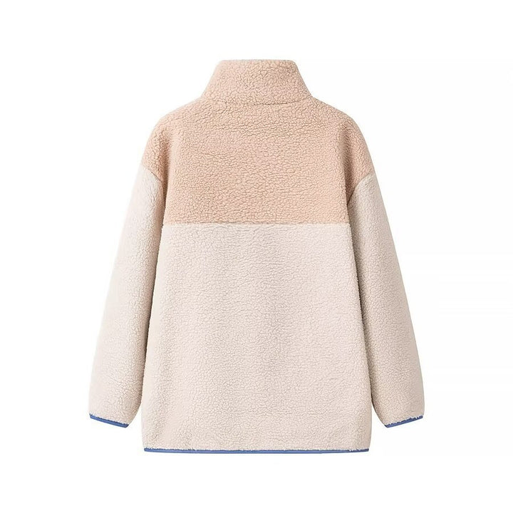 Women's Oversize Teddy-Fleece Jacket with Stand-Up Collar, Zipper Pockets and Nylon Chest Pocket Mune Fashion