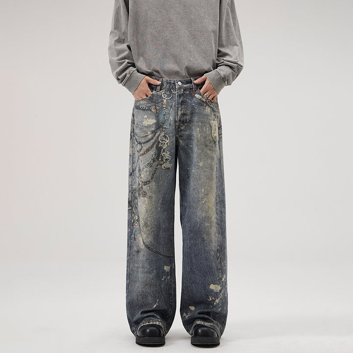 Men's Loose Fit Stonewashed Denim Jeans with Chain Print, Color Splatter and Floor-Length Hem Mune Fashion
