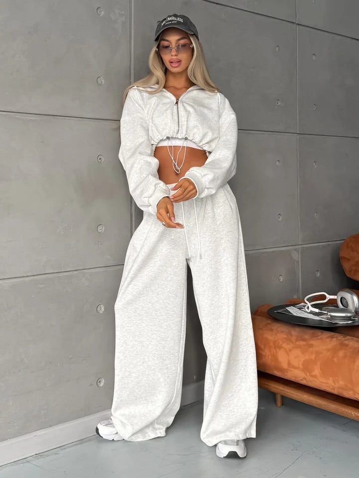 Women's loose-fitting cropped zip hoodie and palazzo jogger set Mune Fashion