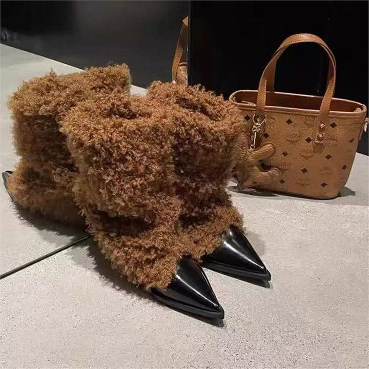 Women Fluffy Knee-High Boots with Pointed Patent Cap and Teddy Finish Mune Fashion