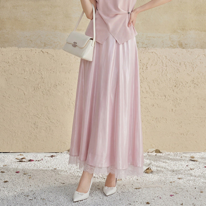Women's flared satin midi skirt with fine lace lining and seamless waistband Mune Fashion