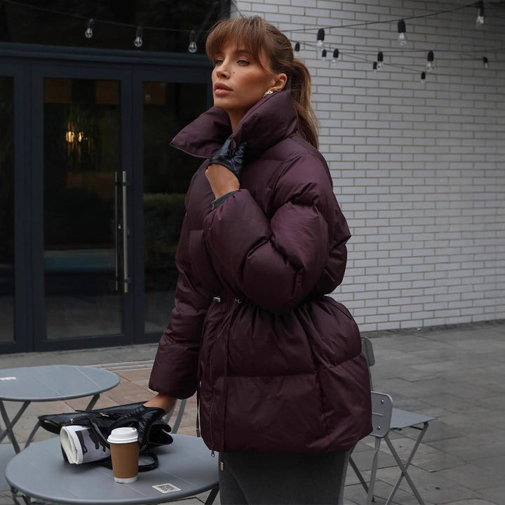 Women Padded Fitted Quilted Jacket with Drawstring & High Standing Collar Mune Fashion