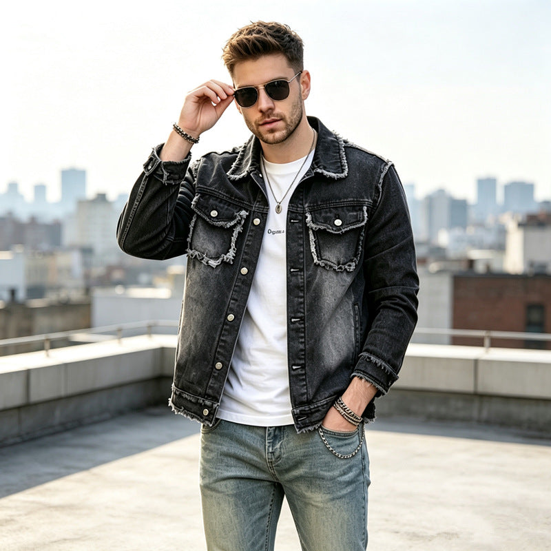 Men's Fashionable Denim Jacket with Fringes Mune Fashion